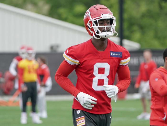 May 26, 2022; Kansas City, MO, USA; Kansas City Chiefs wide receiver Justyn Ross (8) runs drills during organized team activities at The University of Kansas Health System Training Complex. Mandatory Credit: Denny Medley-USA TODAY Sports